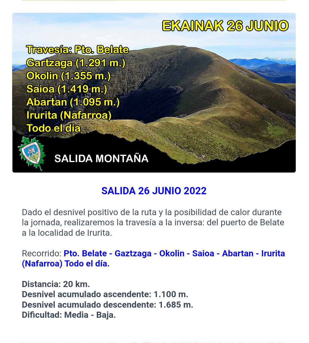 Foto CAMBIO:Travesía Pto. Belate-- Gaztzaga(1291)-Okolin(13559)-Saioa(1419)- Abartan-Irurita (Nafarroa) Todo el día